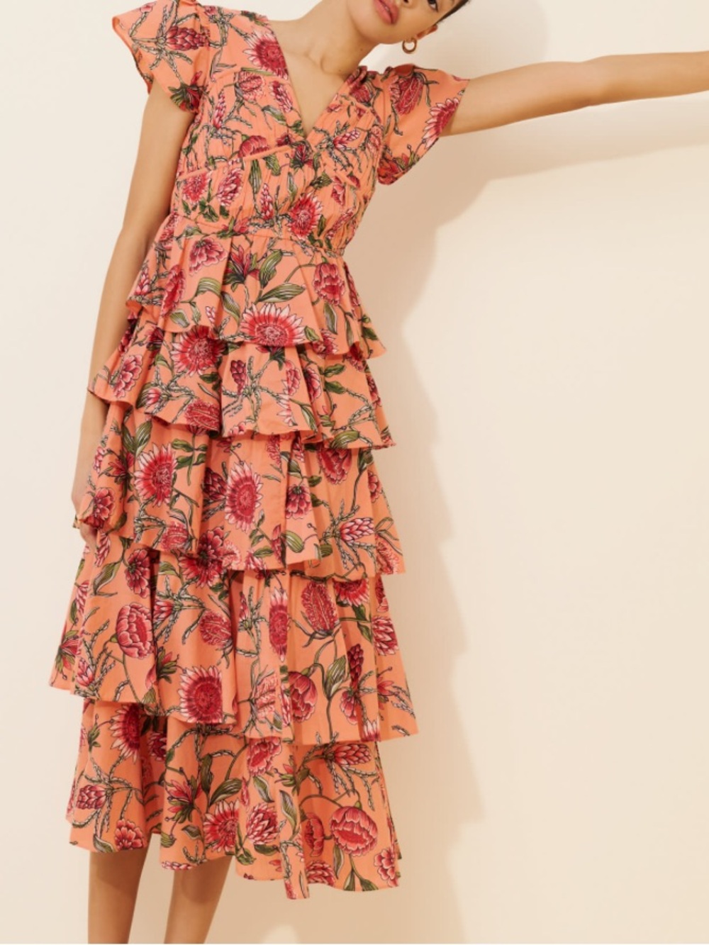 Banjanan Brigit‎ Tiered Midi Dress Women Size M Orange Floral Boho Cottagecore